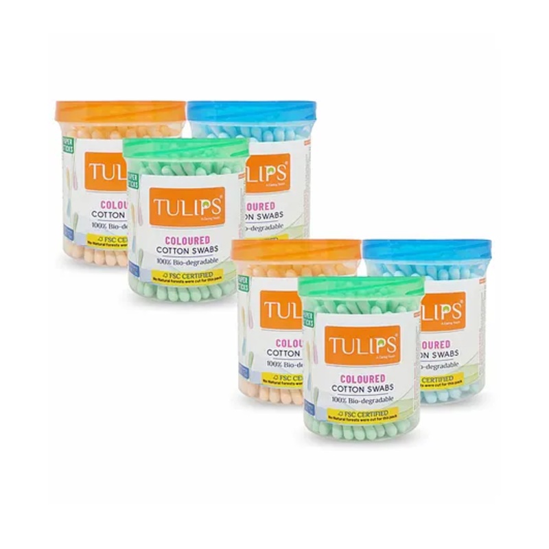 Tulips Biodegradable Cotton Buds Swabs Pack Of 6 Multicolor - 100 Pieces Each