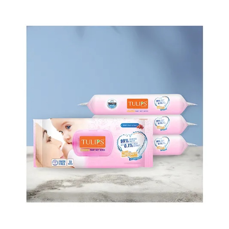 Tulips Sensitive Baby Wet Wipes With Lid Pack of 4 - 72 Pieces each