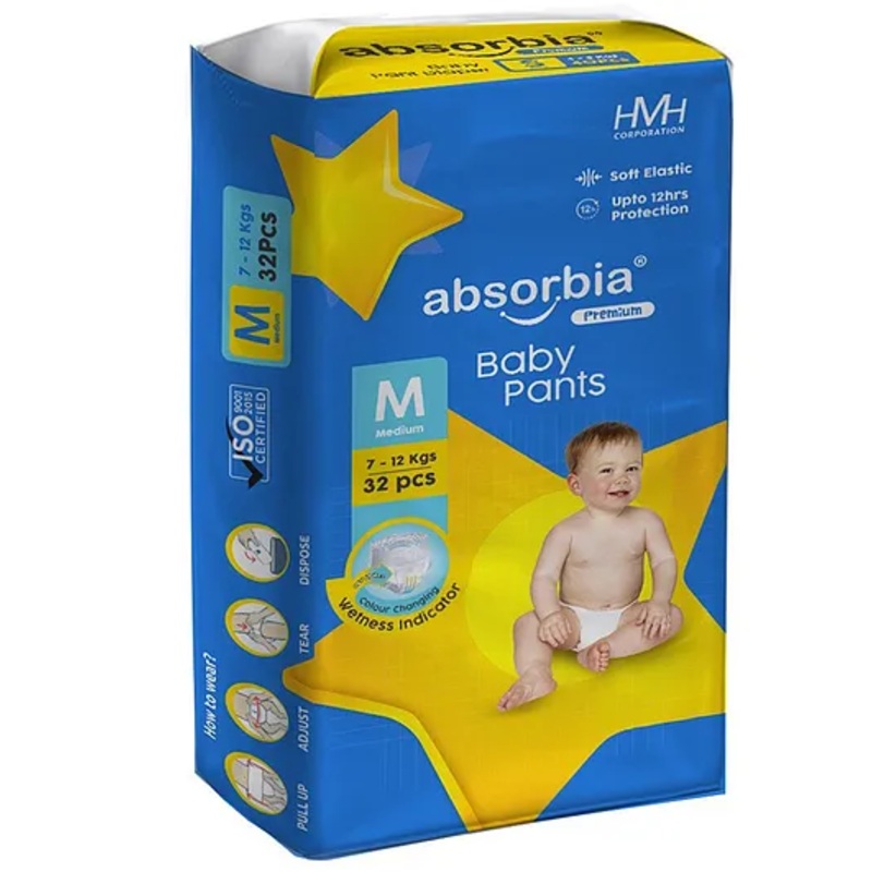 ABSORBIA Premium Baby diaper Pants | Medium | 7-11 Kg - M (32 Pieces)