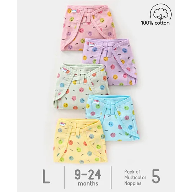 Babyhug Muslin Cotton Dyed Printed Cloth Nappies Large Set of 5 - Multicolour