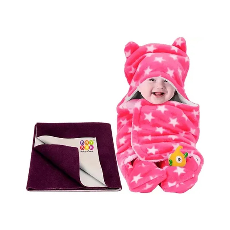 Bey Bee Wearable Hooded Full Body Cover Baby Sleeping Bag and Dry Sheet Star Print Small - Pink Purple