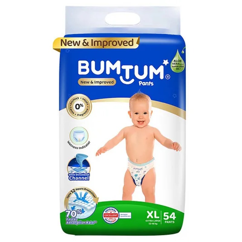 Bumtum Baby Diaper Pants with Double Layer Leakage Protection Infused With Aloe Vera, Cottony Soft High Absorb Technology  Extra Large - 54 Pieces