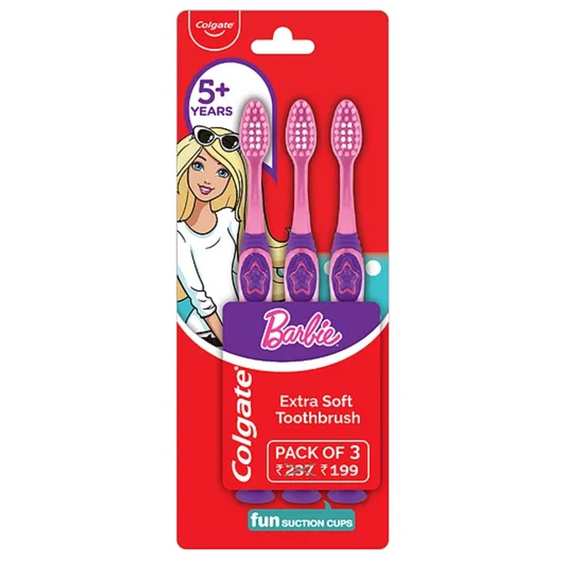 Colgate Kids Extra Soft Toothbrush with Tongue Cleaner Barbie Print Pack of 3 - Pink Purple