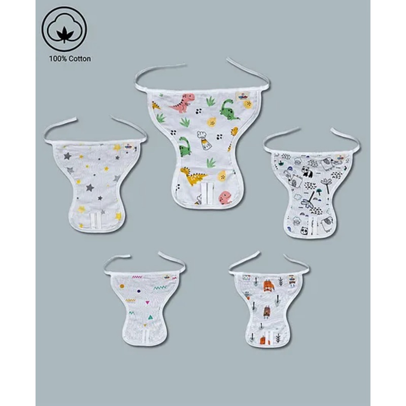 LazyToddler Muslin  Nappy Set of 5 Medium Dino Print - White