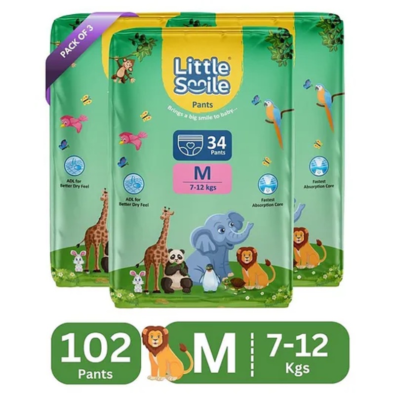 Little Smile Better Dry Feel Baby Diaper Pants | Pack of 3 - M (102 Pieces)