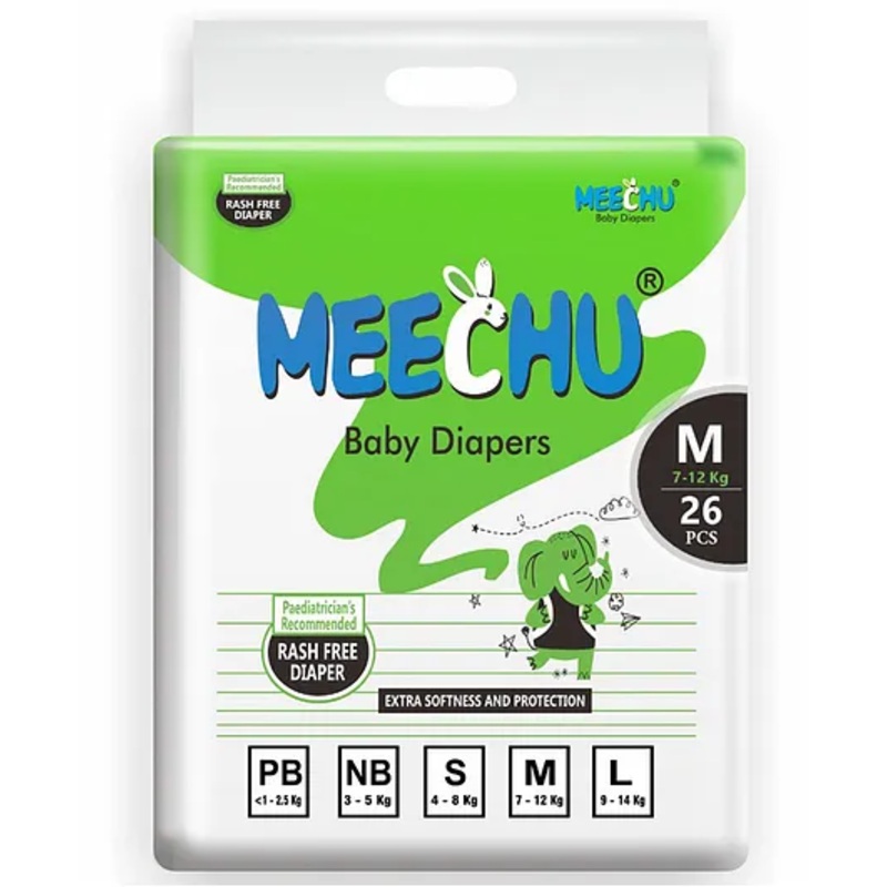 Meechu Medium baby Diaper  Every Day Fresh Pack Leakage Protection -  Cottony Soft Absorb Technology Baby Diapers - 26 Pieces -