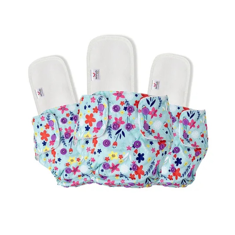 Mylo Baby Adjustable Washable and Reusable Cloth Diaper With Dry Feel Absorbent Insert Pad 3M-3Y - Floral Spring  - Pack of 3