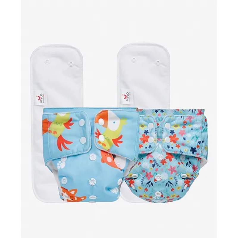 Mylo Baby Freesize Adjustable Cloth Diapers with 2 Free Insert Oeko Tex Certified Pack of 2 - Floral Spring Pet Love Multicolour