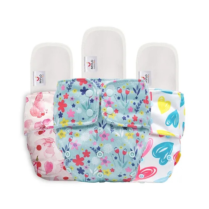 Mylo Baby Freesize Adjustable Cloth Diapers with 3 Free Insert Oeko Tex Certified Pack of 3 - Cherry Blossom Heart Doodles Floral Spring Multicolour