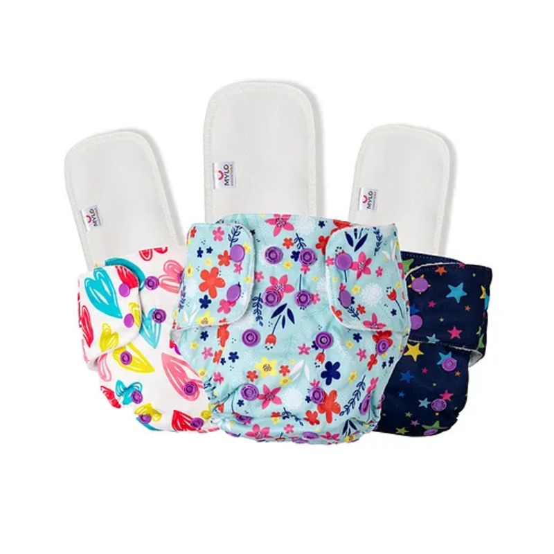 Mylo Baby  Freesize Adjustable Cloth Diapers with 3 Free Insert Oeko Tex Certified Pack of 3 - Heart Doodles Floral Spring  Twinkle Twinkle Multicolour