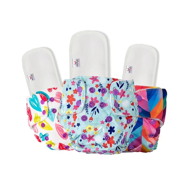 Mylo Baby Freesize Adjustable Cloth Diapers with 3 Free Insert Oeko Tex Certified Pack of 3  Rainbow Floral Heart Print - Multicolour