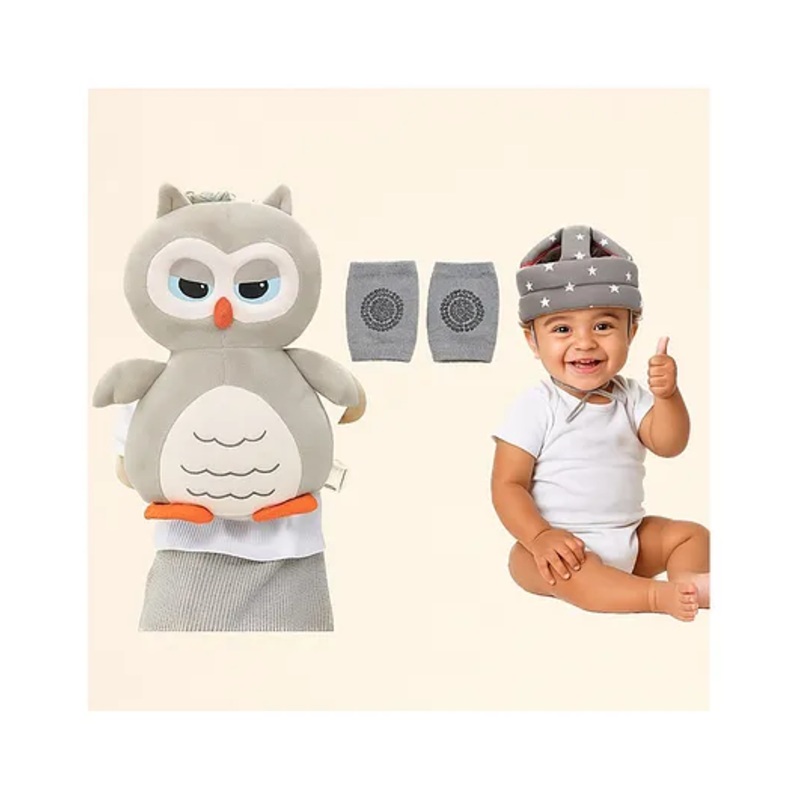 NeonateCare safety combo of Baby Helmet Head Protector and knee pads (Grey star helmet Grey Owl Head protector and multicolor knee pads) - Grey