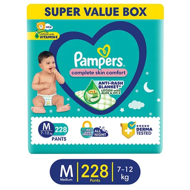 Pampers Complete Skin Comfort Pants, Anti-rash blanket, Lotion with Vitamin E & Aloe Vera,  Medium size baby Diapers, (M) 228 Count, 7-12 kg