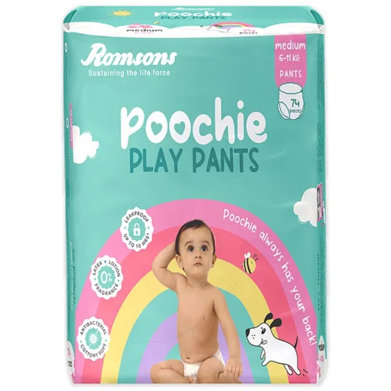 Romsons Poochie Play Pants Baby Diaper | M Size | Super Absorbent Core | Leakproof Protection for up to 10 Hours | Wetness Indicator | 360 Comfort Fit | Suitable for 6-11 KG | Pack of 1 (74 count)