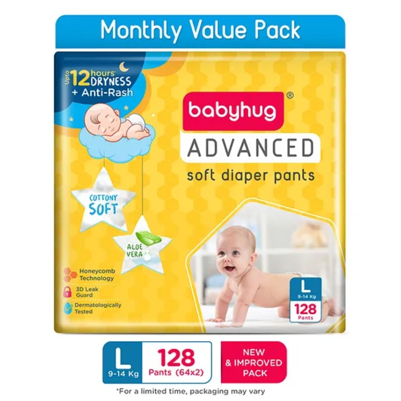 Babyhug Advanced Pant Style Diapers Large (L) Size Monthly Box Pack - 128 Pieces, Honeycomb Technology, Cottony Soft Diaper with 3D Leak Guard, Latex & Alcohol Free, Anti-rash & Gentle