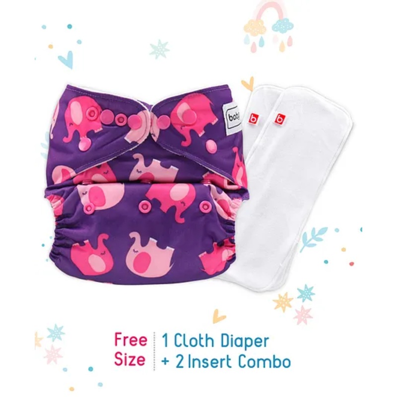 Babyhug Free Size Reusable Cloth Nappies  With 2 SmartDry Inserts Elephant Print - Violet