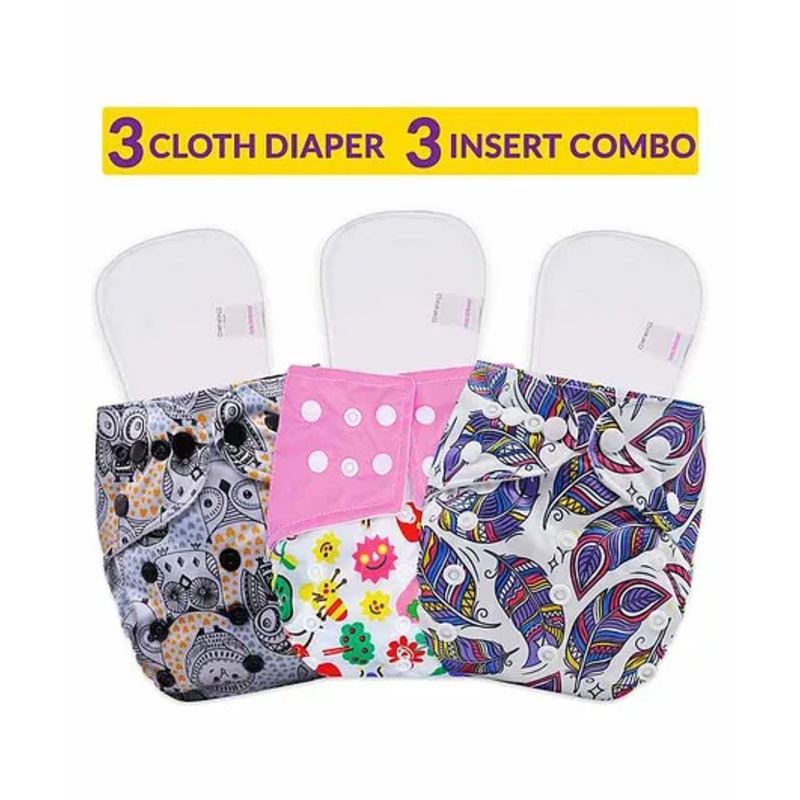 Bembika Reusable Cloth Diapers With Inserts Multi Print Pack of 3 - Grey Pink