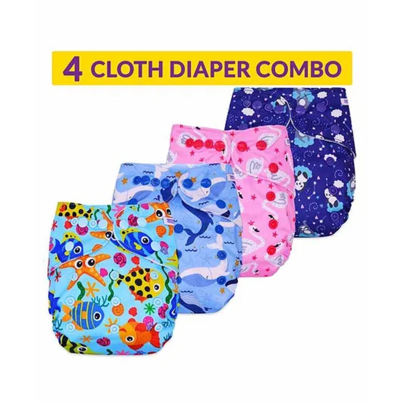 Bembika Reusable Printed Cloth Diapers  Pack of 4 - Blue Pink