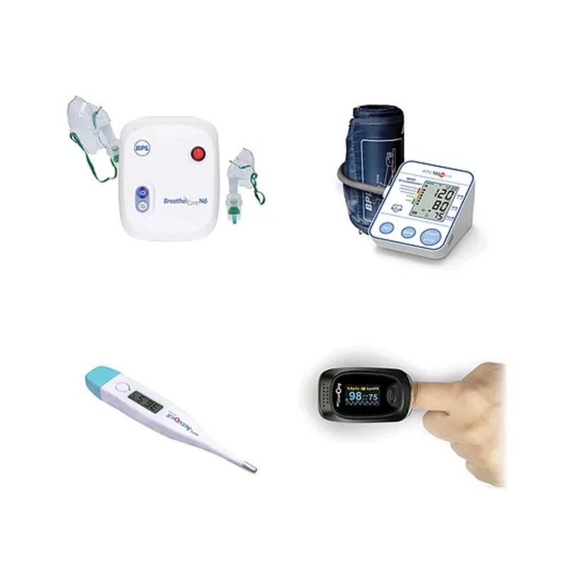 BPL Medical Technologies Adult Health Combo - B18 Blood Pressure Monitor + N6 Low Noise Nebulizer + Smart Oxy Oximeter + Accu Digit DT-04 Thermometer