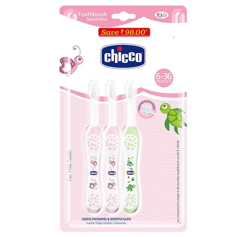 Chicco Toothbrush Turtle & Butterfly Print Pack of 3 - Pink & Green