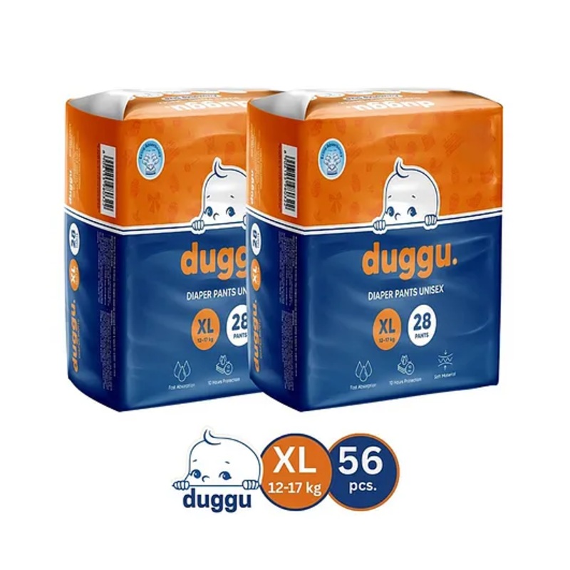 Duggu Baby Diaper Pants | Feather-Like Cotton Feel | Up to 10-Hour Absorption | Soft Elastic Waistband | Highly Absorbent | Extra Large | 12-17 KG | Pack of 2 - 56 Diapers