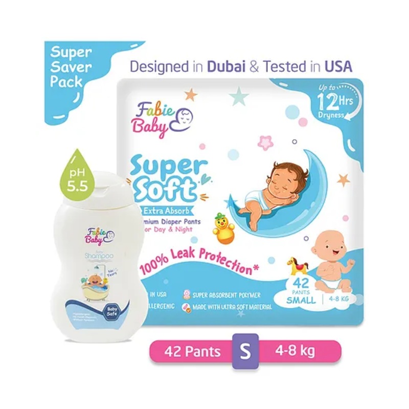 Fabie Baby Pant Style Diaper Small Size (42Pcs) with Baby Shampoo (250ml) Combo - Pack of 2
