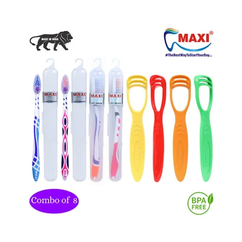 MAXI Oral Care Combo Toothbrush & Tongue Cleaner Pack of 8 - Multicolor