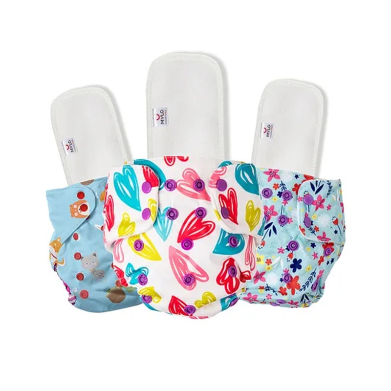 Mylo Baby Freesize Adjustable Cloth Diapers with 3 Free Insert Oeko Tex Certified Pack of 3 - Pet Love Floral Spring  Heart Doodles Multicolour