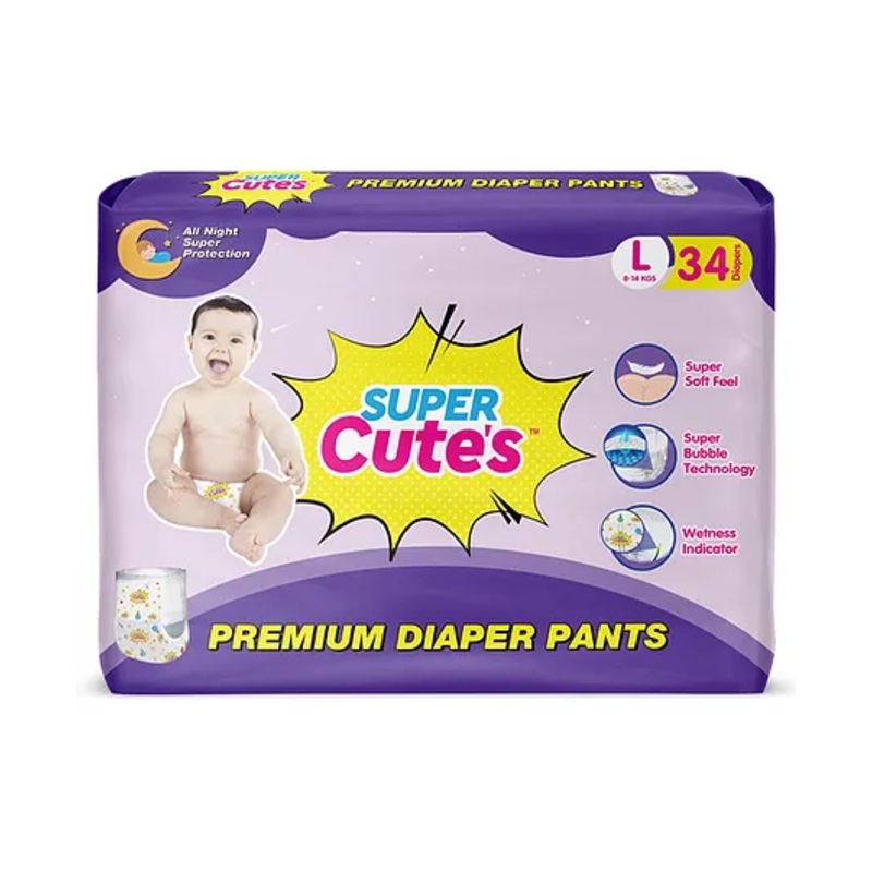 Super Cute's Premium Diaper Pants Large Size With Wetness Indicator Bubble Technology & Overnight Leakage Protection Super Soft Diapers with Perfect Fit - 34 Pieces