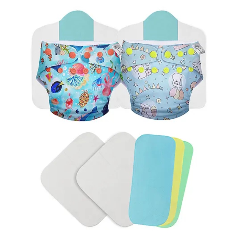 SuperBottoms  Starter Cloth Diaper Pack with 2 Freesize Diapers reusable diaper liners 2 insert and 2 booster pad with 3 Diaper Liners