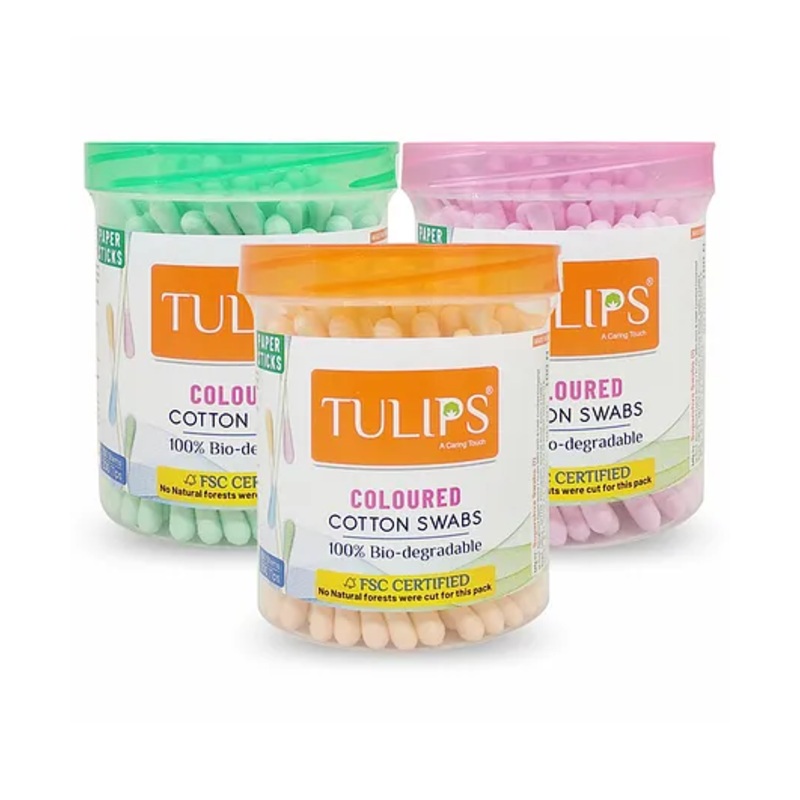 Tulips Biodegradable Cotton Buds Swabs Pack Of 3 Multicolor - 100 Pieces Each