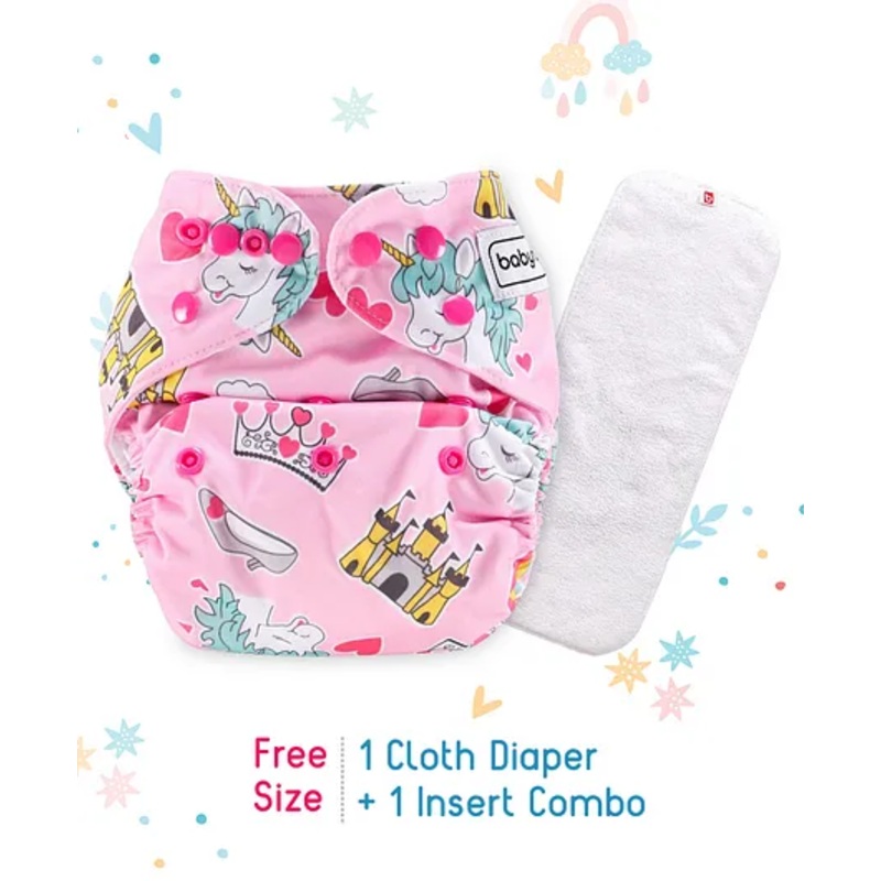 Babyhug Free Size Reusable Cloth Nappies With Insert Unicorn Print - Pink