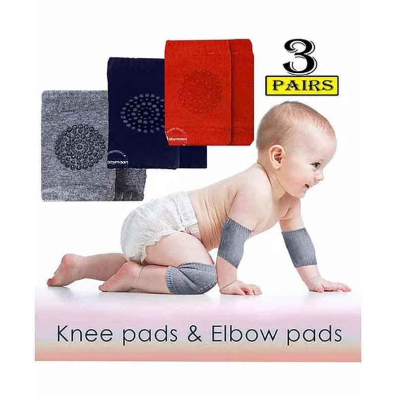 Babymoon Baby AntiSlip Stretchable Knee Cap Elbow Safety Protector Set Of 3 - Multicolour