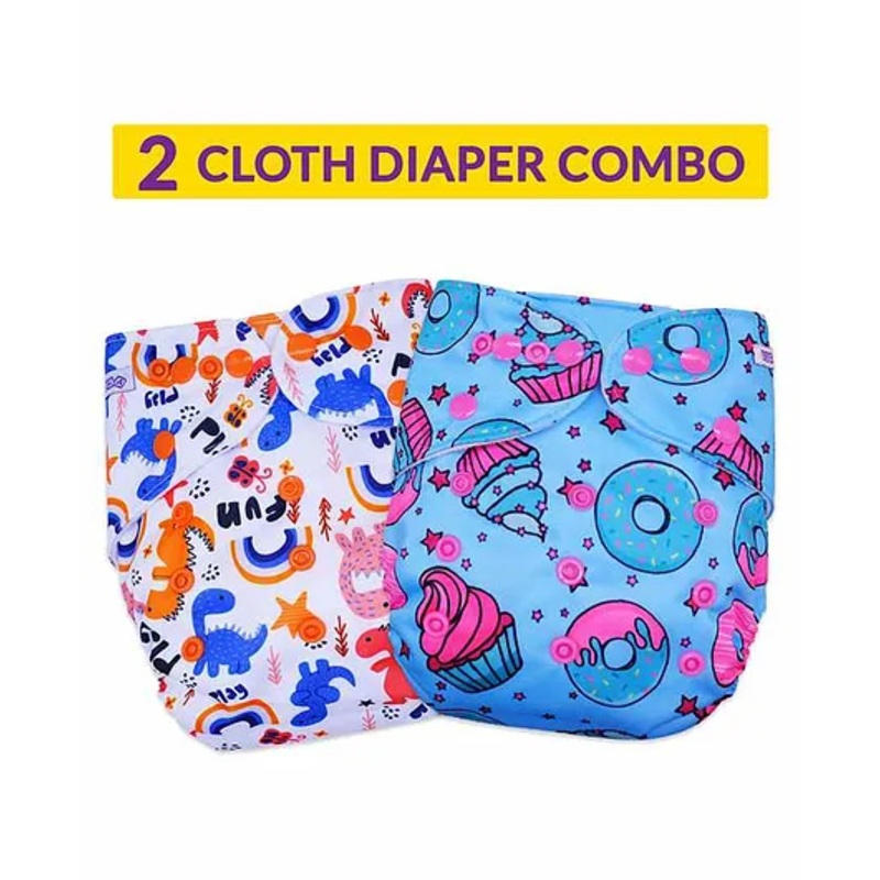 Bembika Reusable Cloth Diaper Dino & Cup Cake Print Set of 2 - White Blue