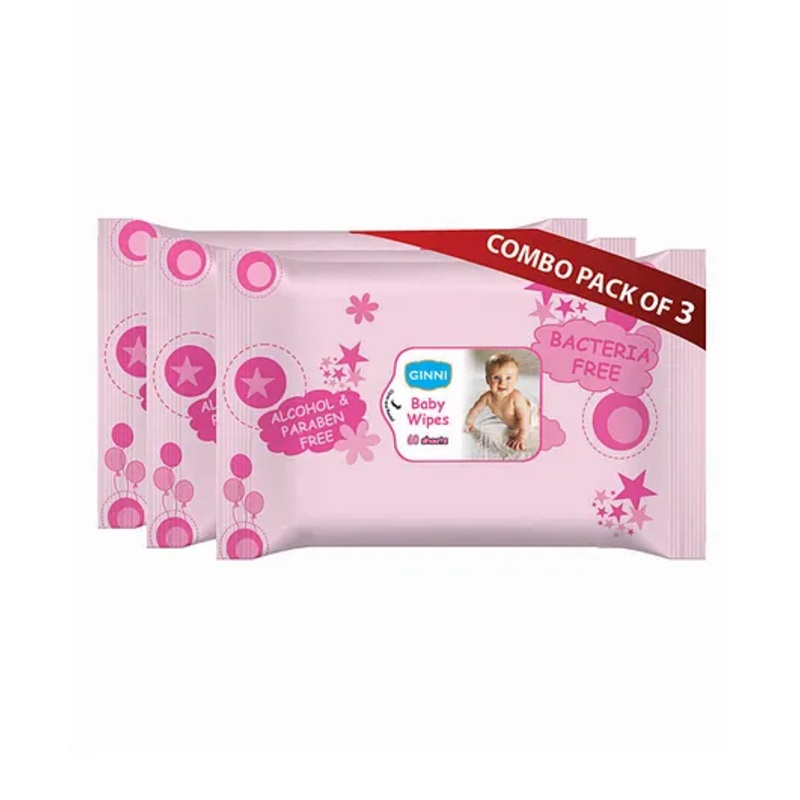 GINNI Baby Wipes Cleansing Wipes With Aloe Vera & Jojoba Oil - 60 Wipes per Pack (Pack of 3)