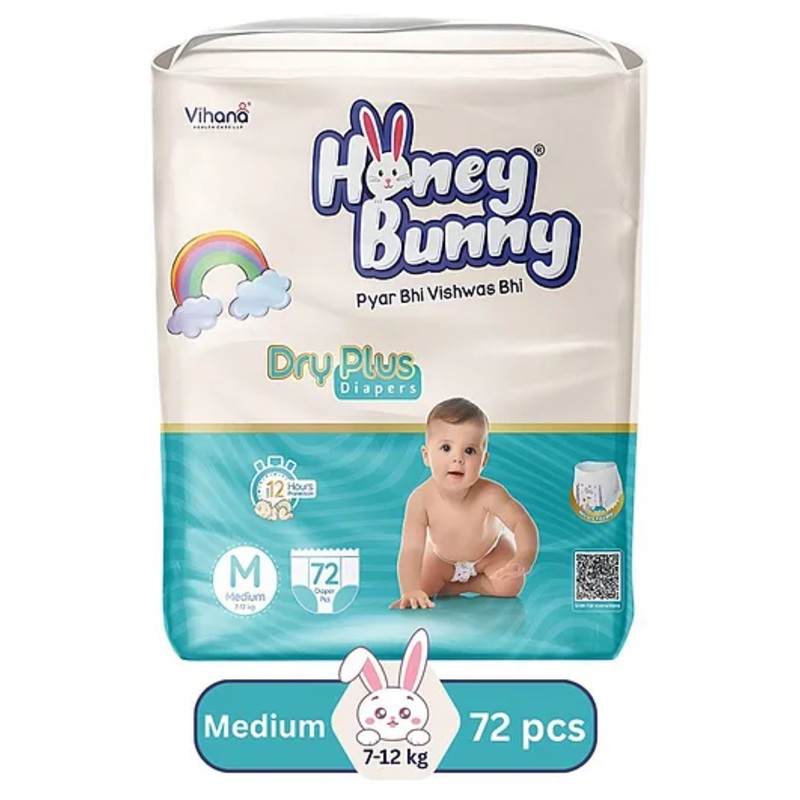 HONEY BUNNY Baby Diaper Pants Super Soft Dry Plus 12 Hour protection - Pack of 72 M - M