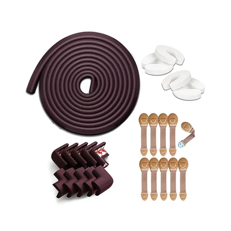 Kids Station Baby Safety Kit- 5 Meter Safety Strip + 8 Corner Guards + 4 Door Stoppers + 10 Child Safety Locks for Drawers, All-in-one Baby Proofing Kit (5 Meter Edge Protector Kit (Brown + Beige))