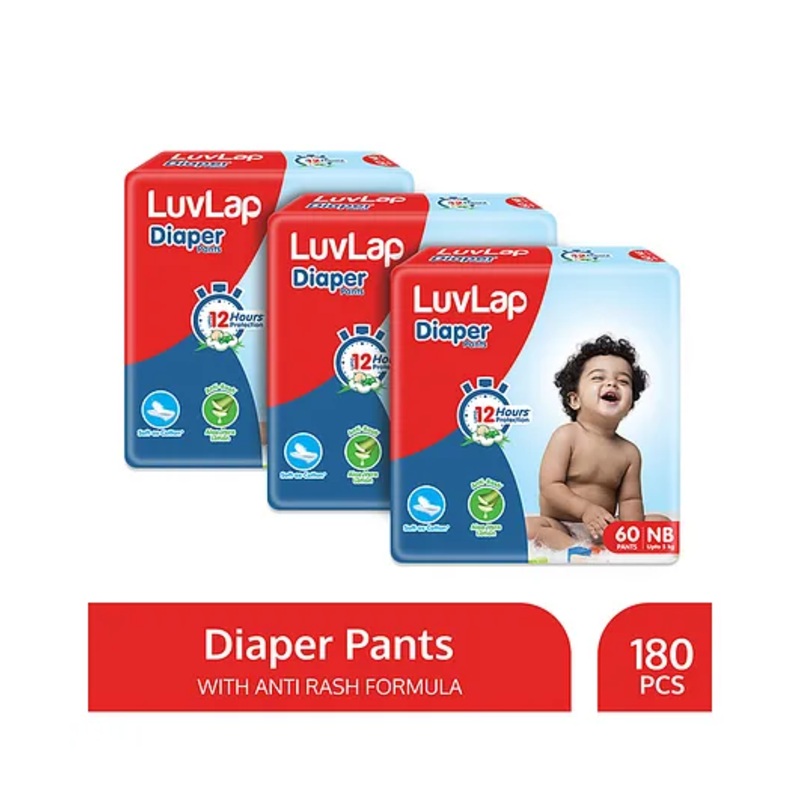LuvLap Pant Style Baby Diapers, New Born (NB), Pack of 3, 180 Pants, Aloe Vera Lotion, 12hr Protection, White