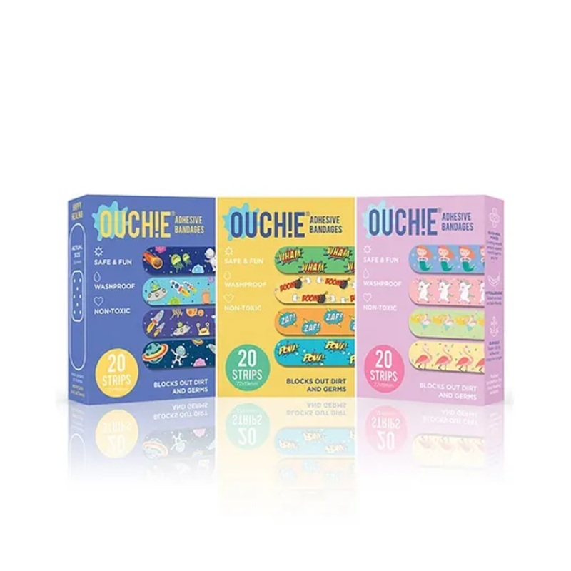 Ouchie Printed Bandages Pack of 3 Blue Yellow Purple - 20 Bandages each