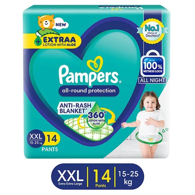 Pampers All round Protection Pants, Double Extra Large size baby diapers (XXL) 14 Count, 15-25 kg, Anti-rash blanket, 360 degree Lotion with Aloe Vera