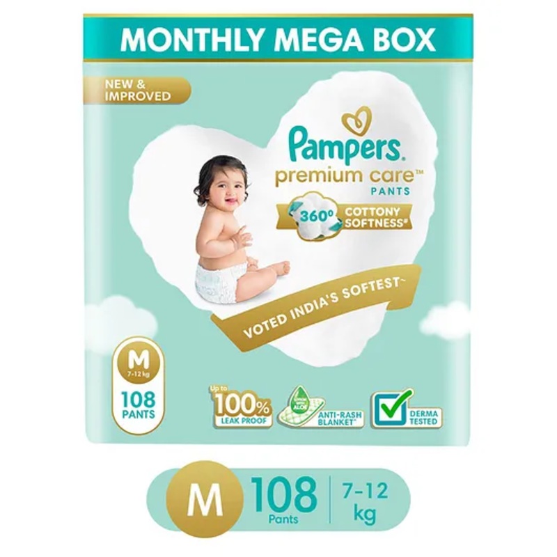 Pampers Premium Care Pants, Medium size baby diapers (M), 108 Count, Softest ever Pampers pants