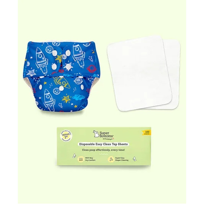 SuperBottoms BASIC Cloth Diapers for Babies Starter Kit - Reusable Diaper - Diaper Cover, Inserts, Disposable Liners - Space Rocket