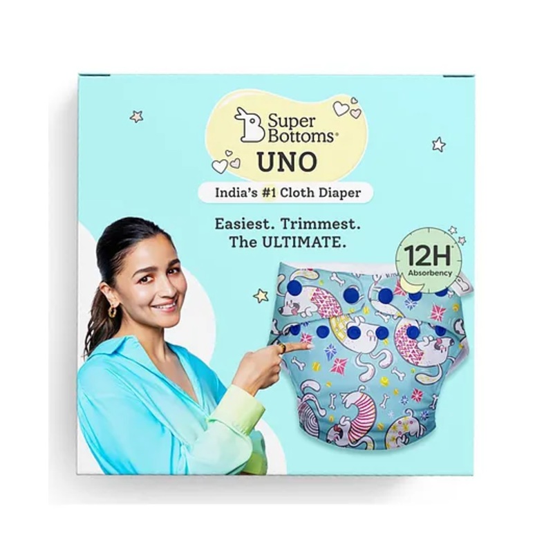 SuperBottoms Freesize UNO Cloth Diaper (3M - 3Y) Reusable with 1 Dry Feel Pad & 1 Booster Pad, Absorbs 4-5 Pees - Paw-sitively Happy