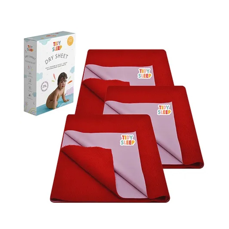 TIDY SLEEP Waterproof Baby Bed Protector Dry Sheet For New Born Babies- Cherry Red Pack of 3 (Small)