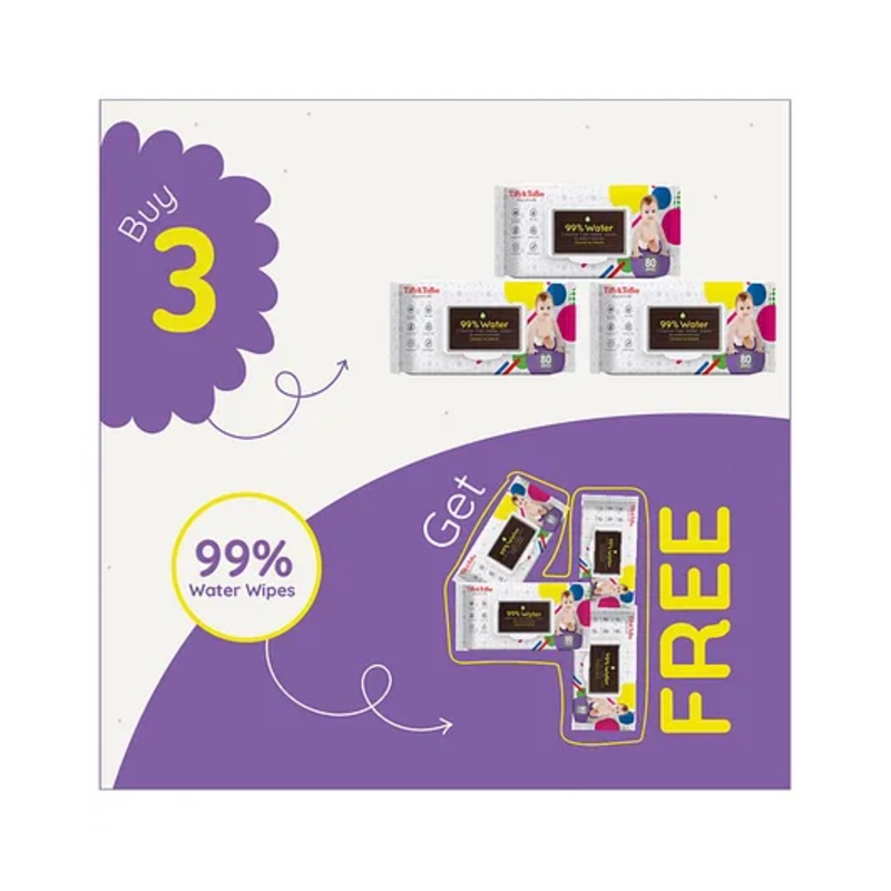 Tiffy & Toffee Premium Baby Skincare Wet Wipes With Aloe Vera Paraben Free Super Saver Pack ( Buy 3 Get 4 Free ) - 80 Pieces Each