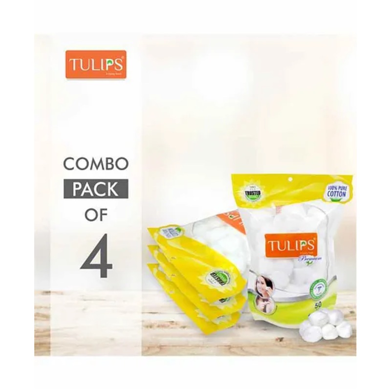 Tulips Premium White Cotton Balls Pack of 4 - 50 Pieces Each