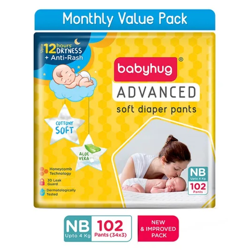 Babyhug Advanced Pant Style Diaper New Born (NB) Size Monthly Box Pack - 102 Pieces, Honeycomb Technology, Cottony Soft Diaper with 3D Leak Guard, Latex & Alcohol Free, Anti-rash & Gentle