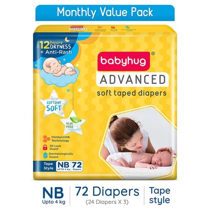 Babyhug Advanced Tape Style Diapers New Born Size - 72 Pieces