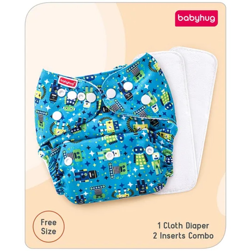 Babyhug Free Size Reusable Cloth Diaper with 2 Smart Dry Inserts Combo Robot Print- Teal Blue