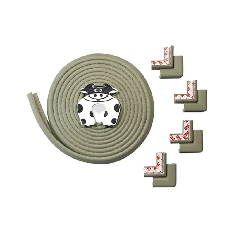 BabySafeHouse Edge Guard and Corner Protector  Extra Long 19ft (16.5ft Edge + 8 Pre-Taped Corner Guards) and Cow Shape Door Stopper (Grey Color) for Baby Proofing & Child Safety